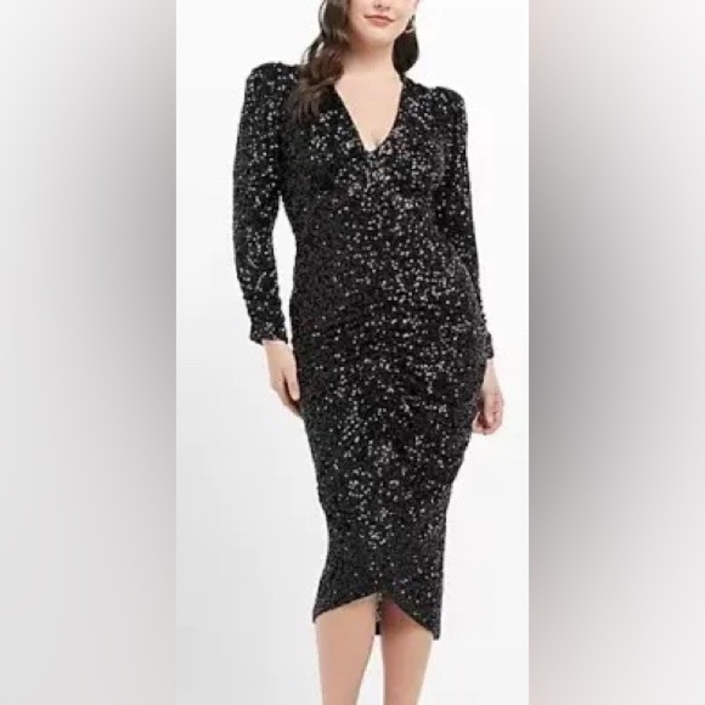 Express Black Sequin Ruched Wrap Dress with Bishop Sleeves